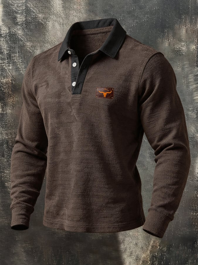 Men's Retro Color-Block Long-Sleeve Polo Shirt