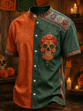Men's Day Of The Dead Skull With Orange Red Blossoms Print Stand Collar Short Sleeve Shirt