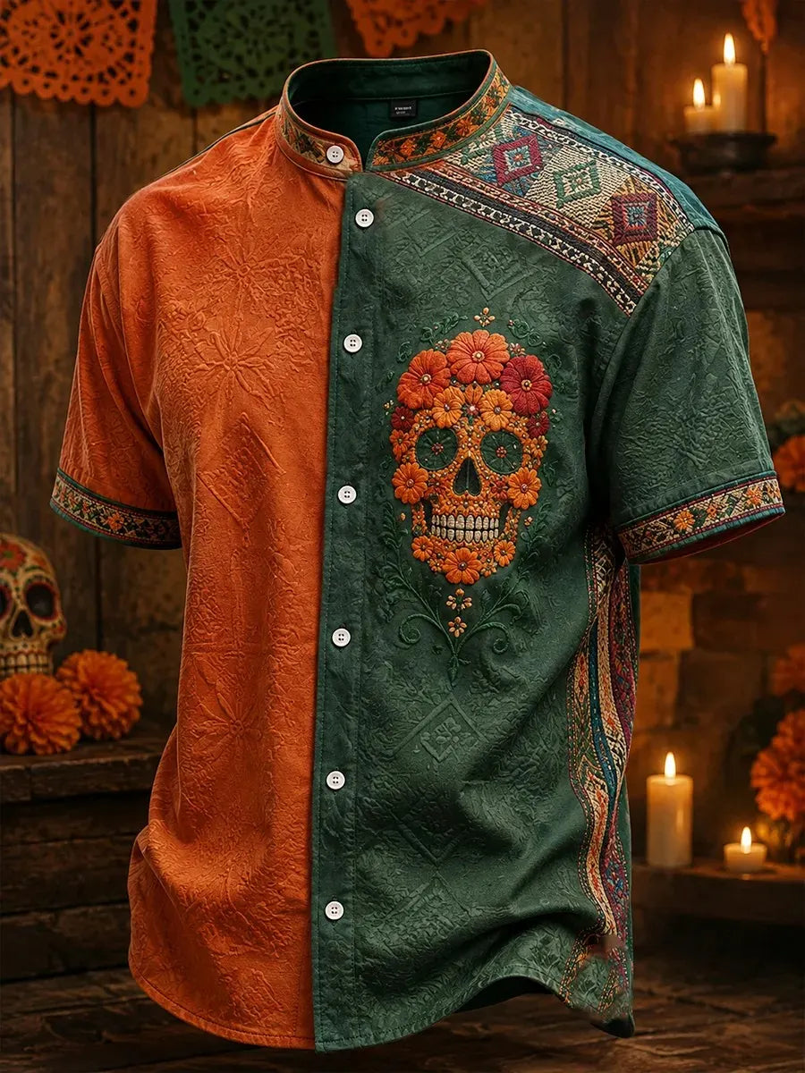 Men's Day Of The Dead Skull With Orange Red Blossoms Print Stand Collar Short Sleeve Shirt
