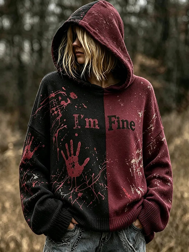Women's Retro Halloween Bloody I‘m Fine Print Casual Warm Hooded Sweater