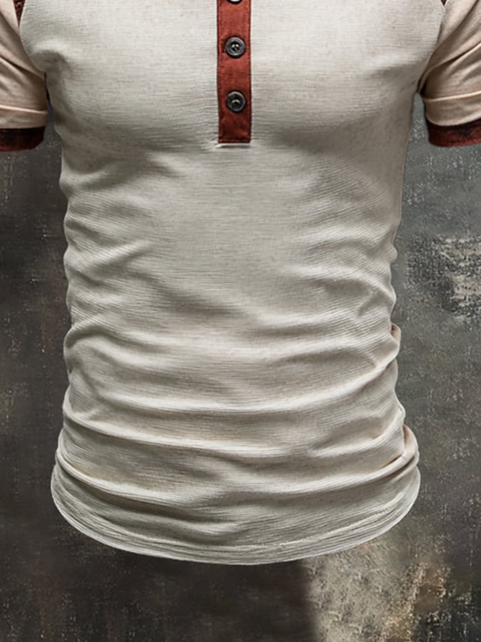 Men's casual retro color block Henley T-shirt