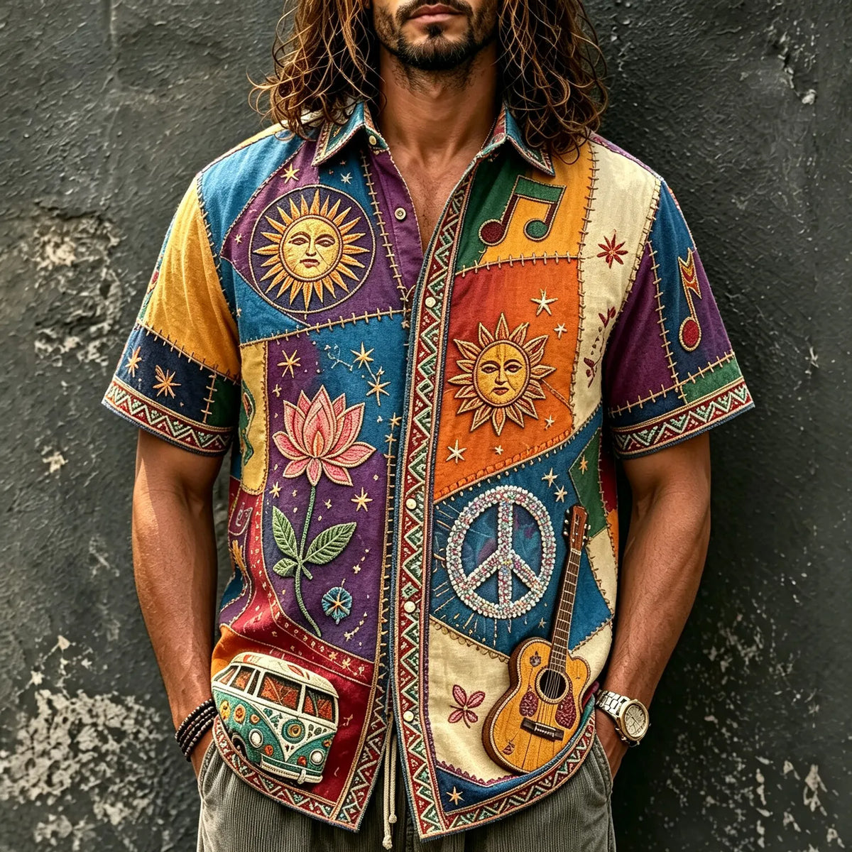 Men's Retro Star Lotus Guitar Print Short Sleeve Buttons Shirt