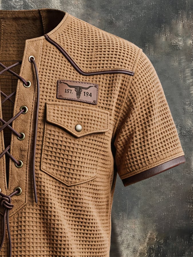 Men's Vintage Waffle-Knit Lace-Up Henley Short-Sleeve T-Shirt