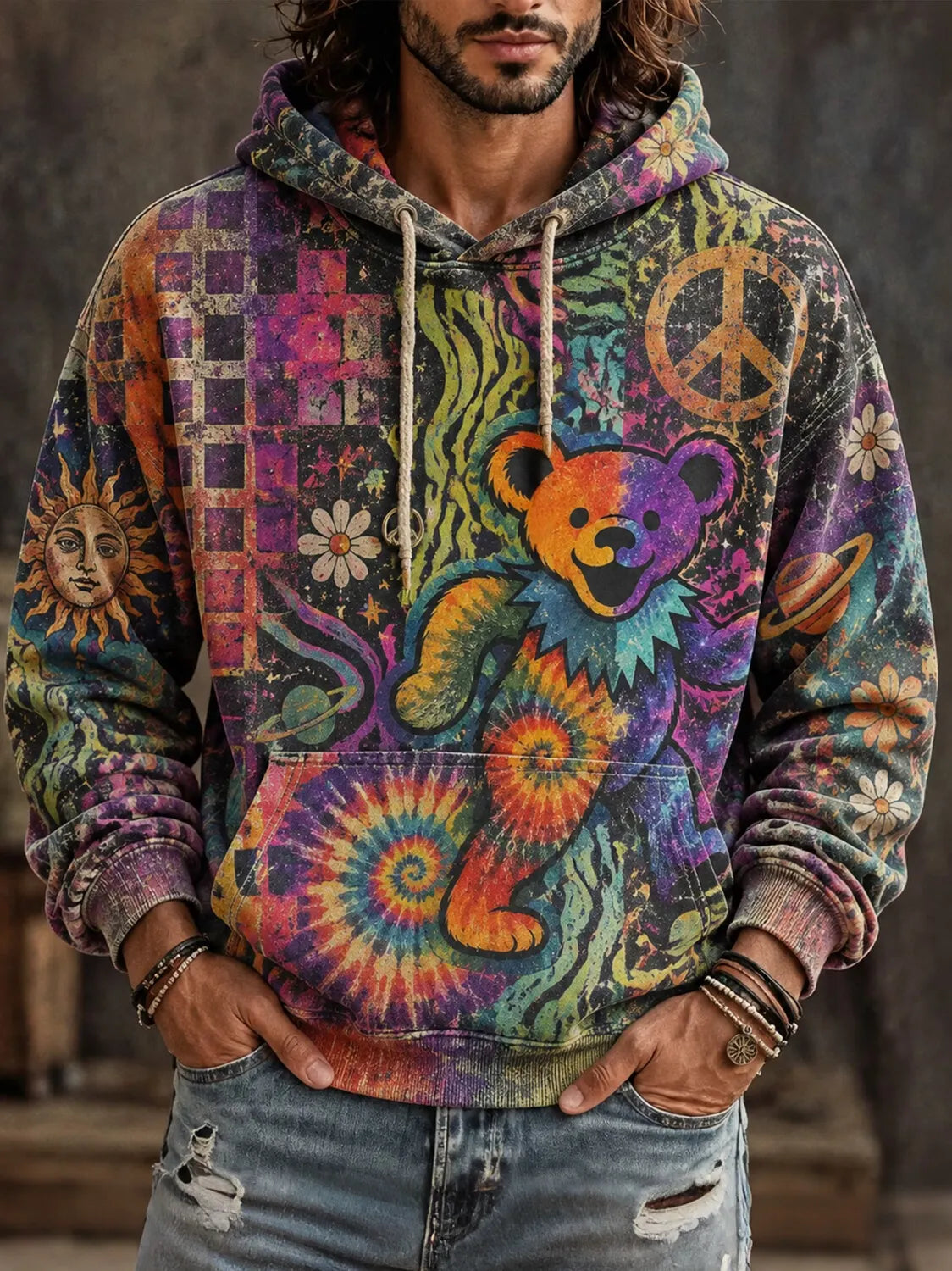 Men's Hippie Style Rainbow Bear Peace Sign Tie Dye Print Pullover Pocket Hoodie