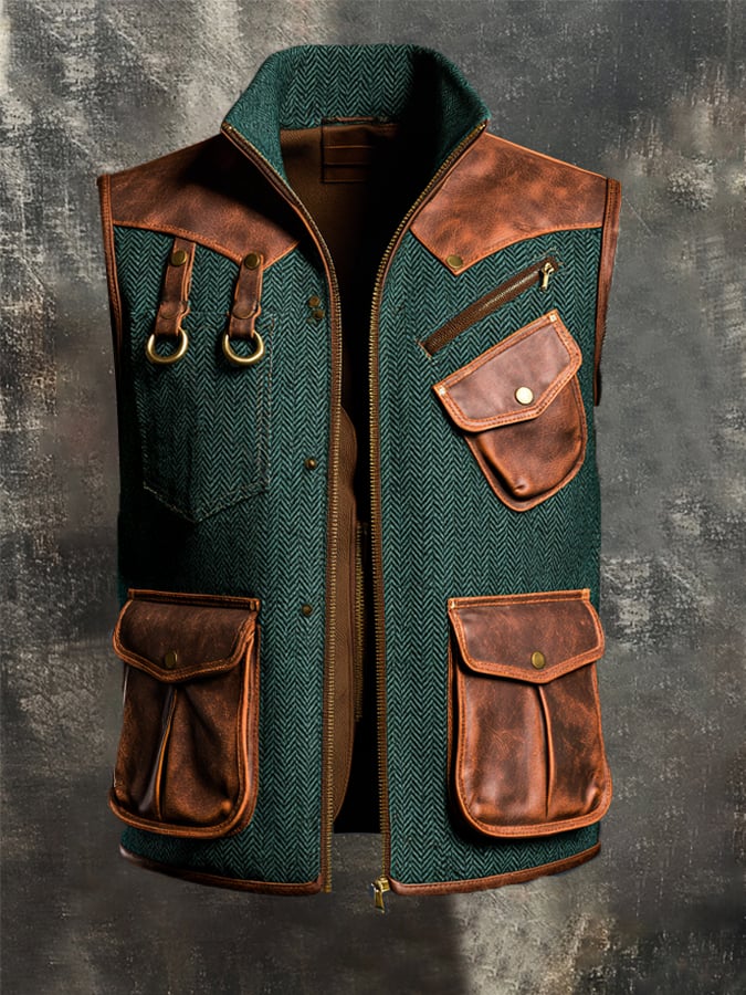 Men's Vintage-Wash Leather Panel Vest