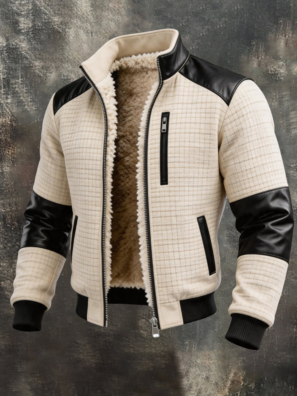 Men's Retro Faux Leather-Panelled Fleece-Lined Stand-Collar Jacket