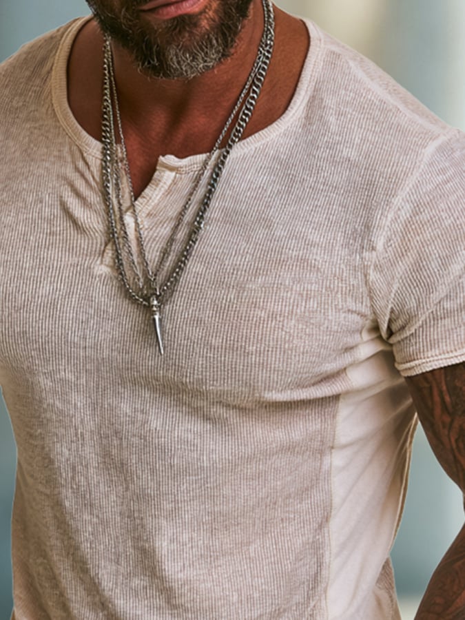 Men'S Fashion Short-Sleeve Henley T-Shirt With Ribbed Paneling And Color-Block Design