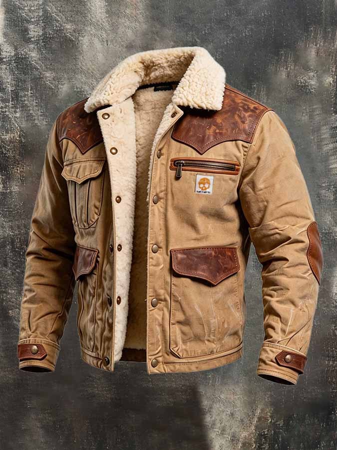 Men’s Vintage-Style Fleece-Lined Leather-Paneled Workwear Jacket
