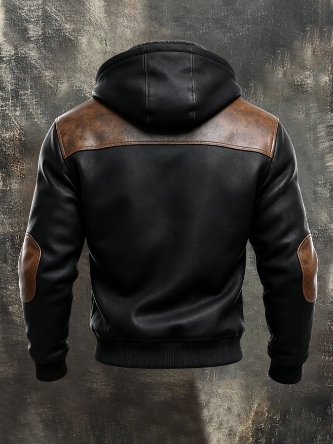 Men'S Retro Color-Block Hooded Jacket With Leather Paneling And Fleece Lining