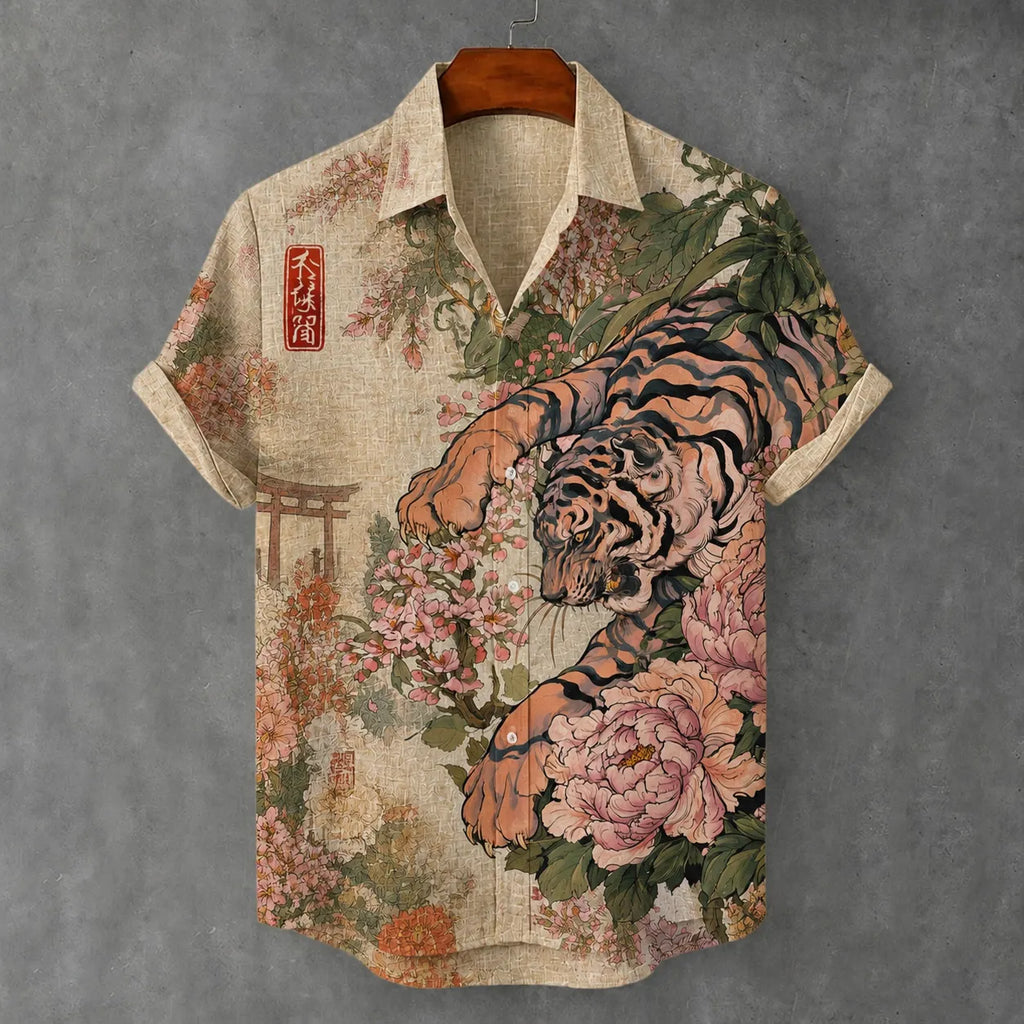 Men's Retro Japanese Art Tiger And Floral Print Cotton Linen Short-sleeve Shirt