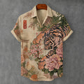 Men's Retro Japanese Art Tiger And Floral Print Cotton Linen Short-sleeve Shirt