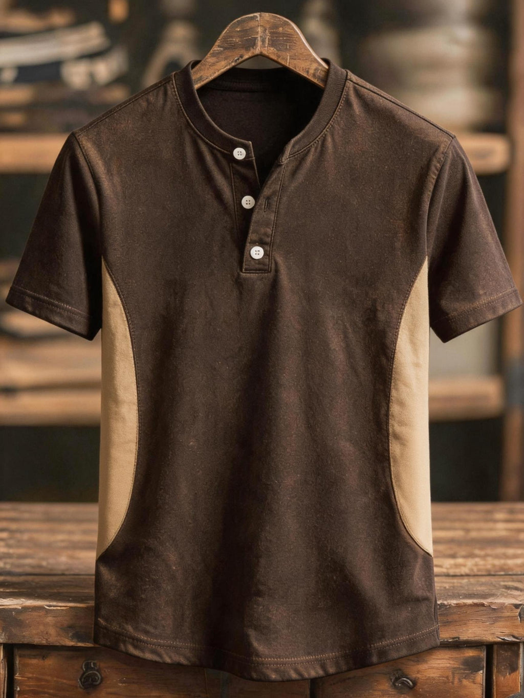 Men's Retro Color-Block Short-Sleeve Henley T-Shirt