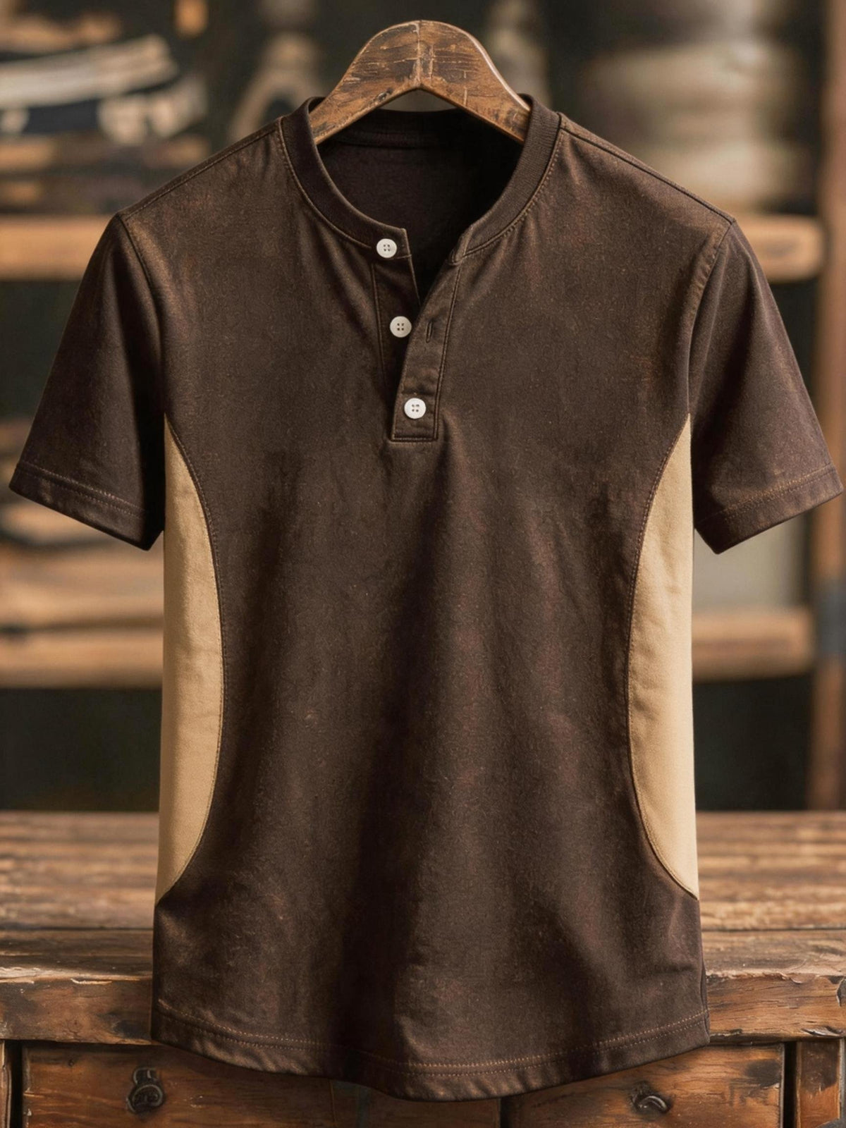 Men's Retro Color-Block Short-Sleeve Henley T-Shirt