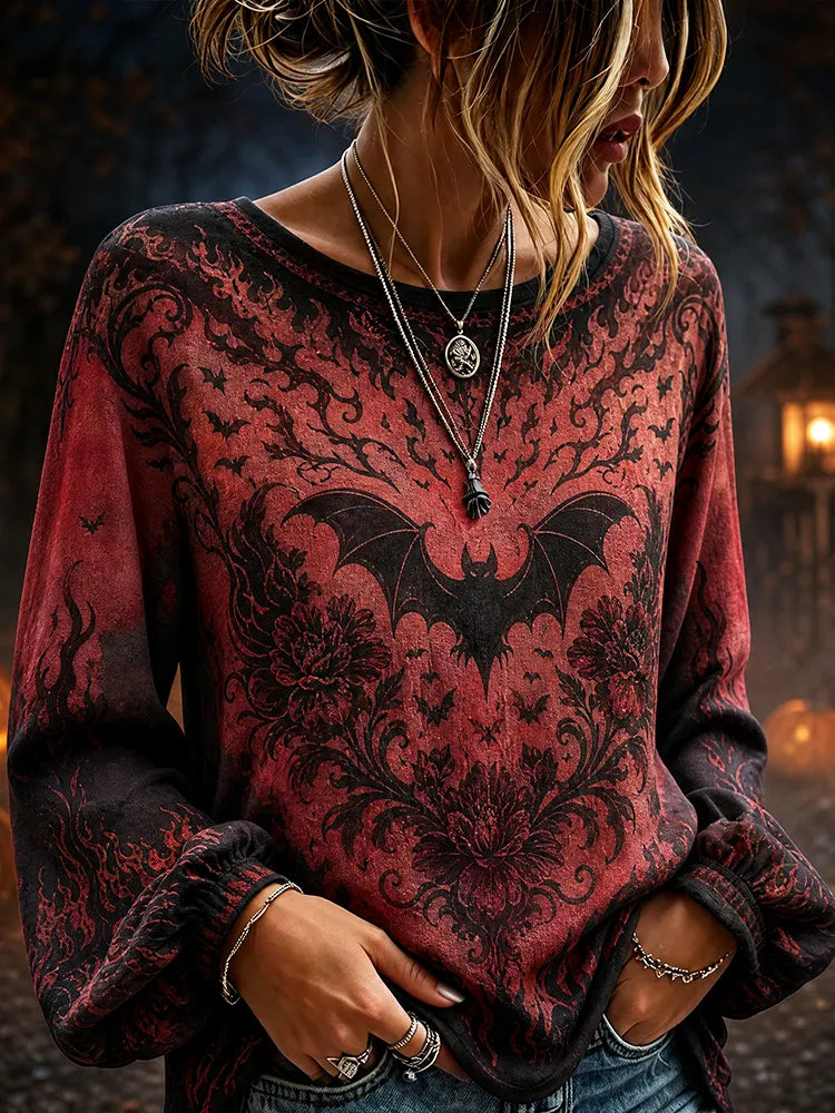 Women's Casual Scoop Neck Long Sleeve T-shirt Featuring Gothic Bat And Floral Damask