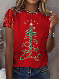Women's Christmas Cross Print Round Neck T-Shirt
