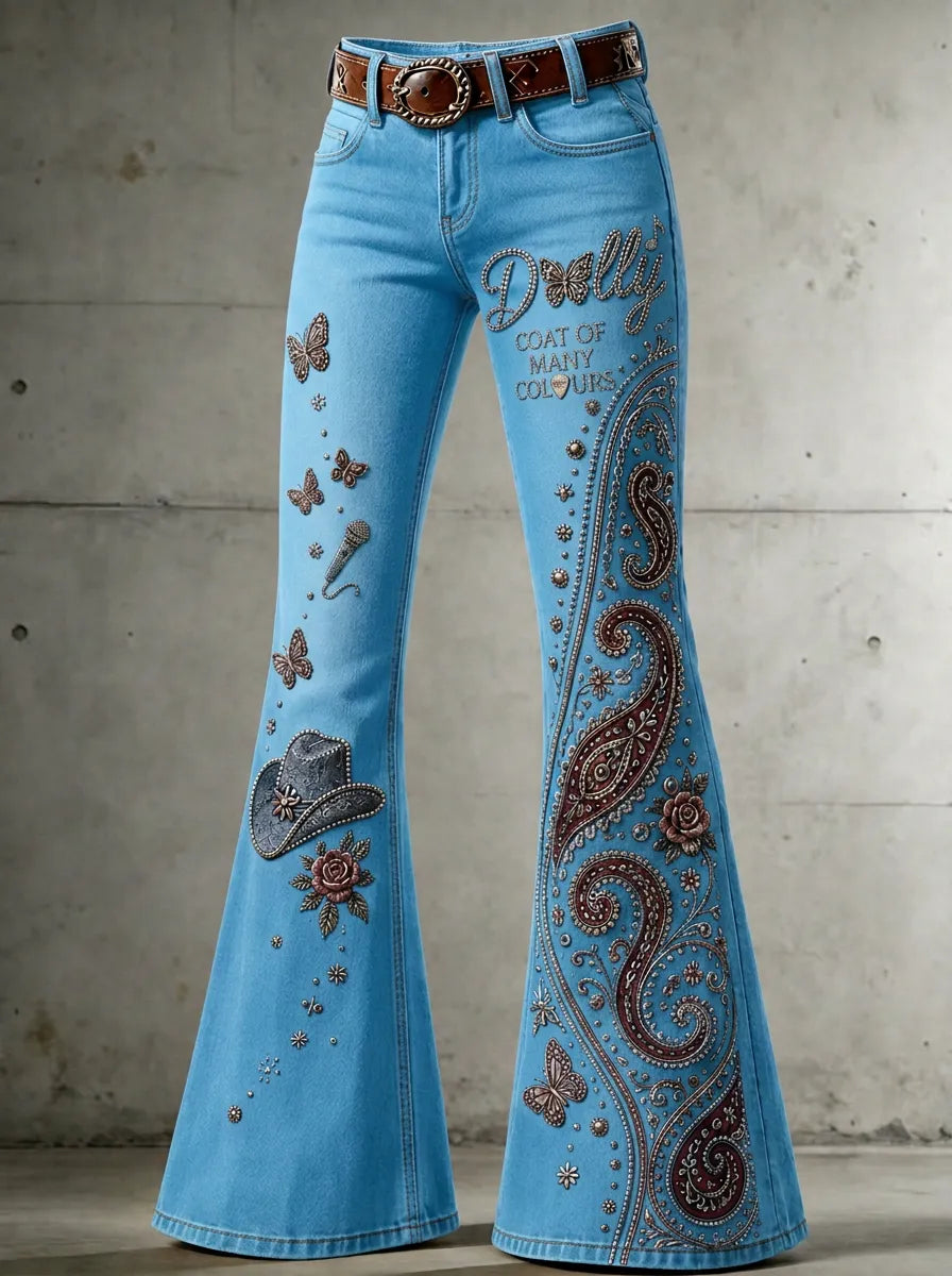 Women's Dolly Parton Coat of Many Colours Paisley Butterfly Printed Flare Jeans