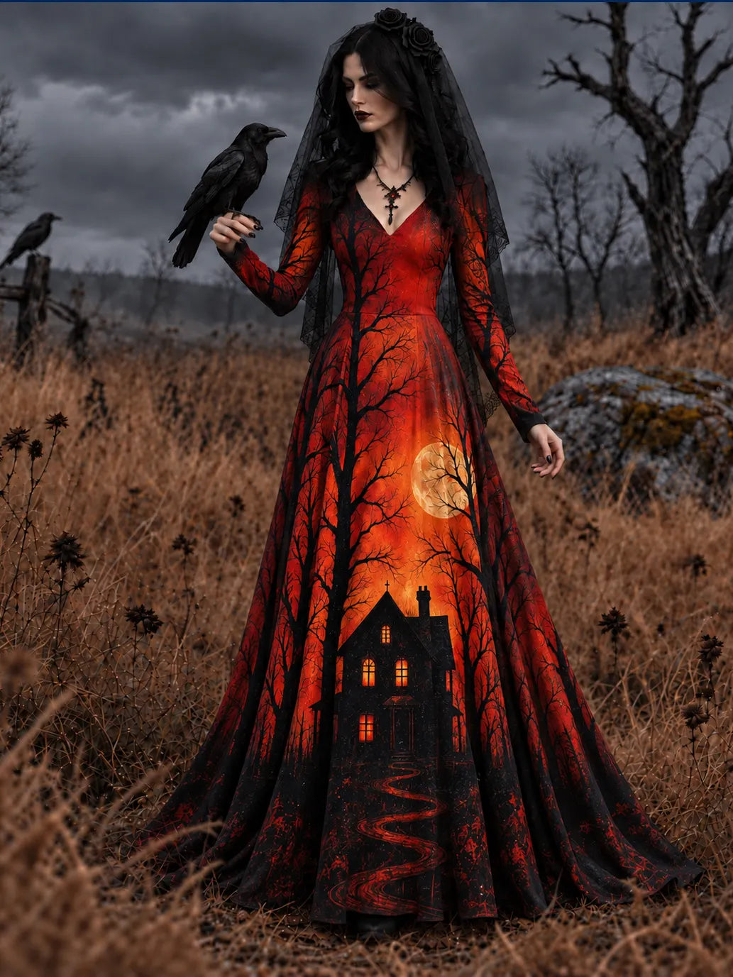 Women's Vintage Treehouse Halloween Art Comfy Maxi Dress