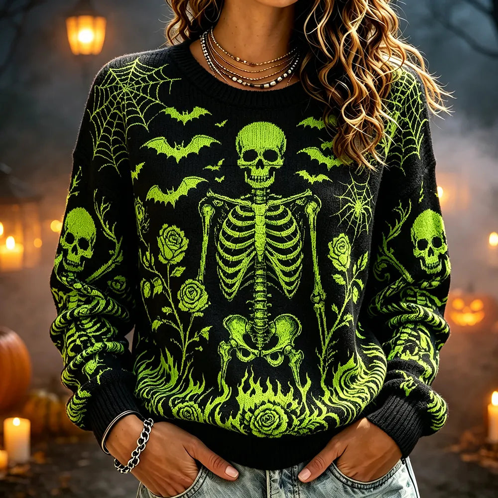 Women's Casual Crewneck Knit Sweater - Halloween Skeleton, Skulls, Bats, Spiderwebs & Green Roses Print