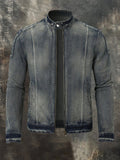 Men's Vintage Distressed Biker-Style Denim Zip-Up Jacket