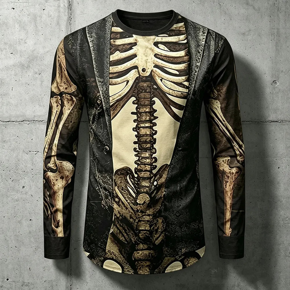Men's Halloween Skull And Suit Art Print Crew Neck Long Sleeve Casual T-shirt