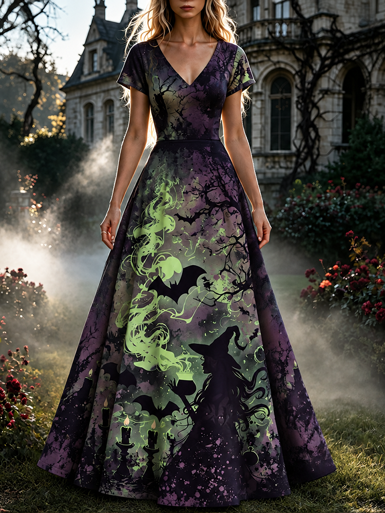 Women's Gothic Witch, Bats & Cauldron Short Sleeve Maxi Dress
