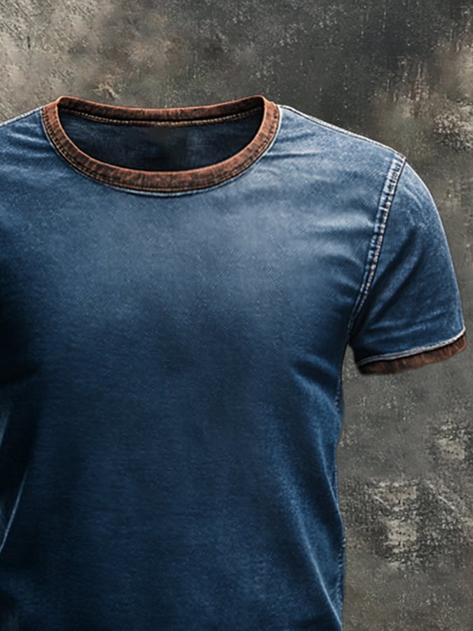 Men's retro washed contrast color casual round neck short sleeve t-shirt