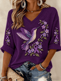 Women's Purple Floral & Hummingbird One Day At A Time Print Waffle-Knit Top