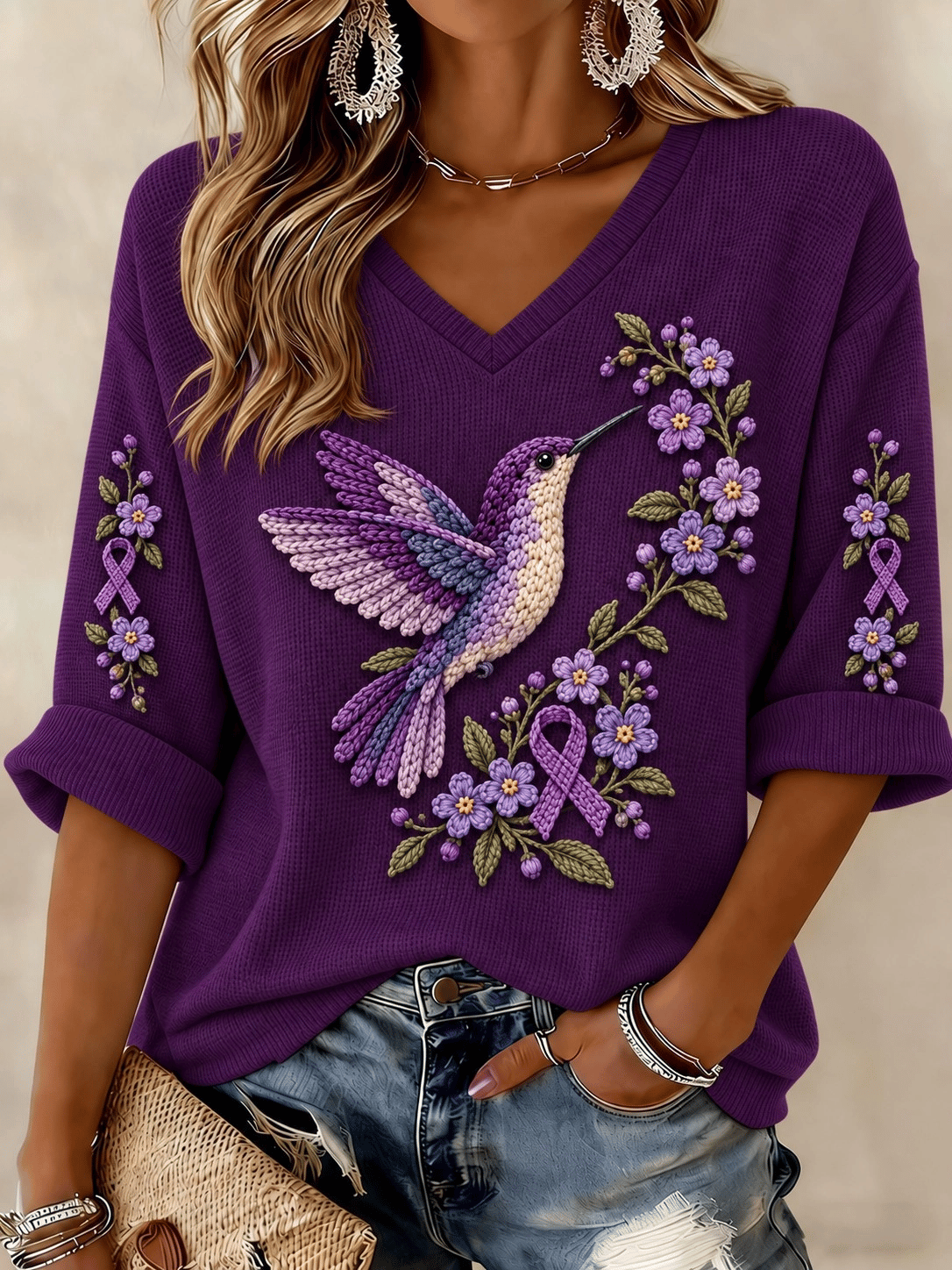 Women's Purple Floral & Hummingbird One Day At A Time Print Waffle-Knit Top