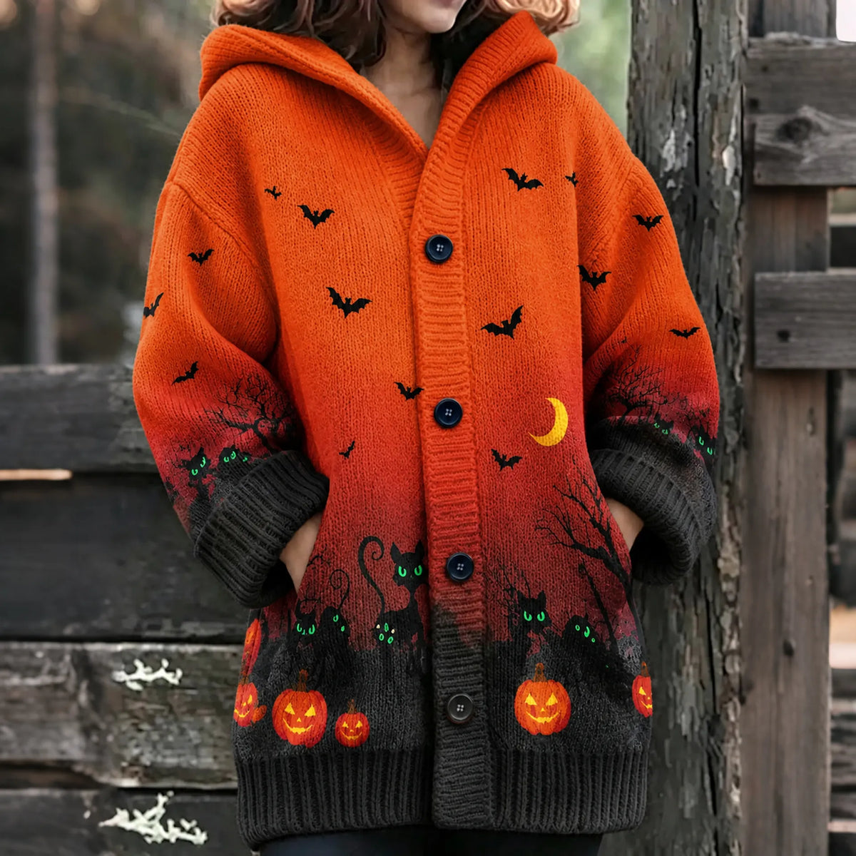 Women's Halloween Black Cat  Pumpkin Art Knit Hooded Cardigan