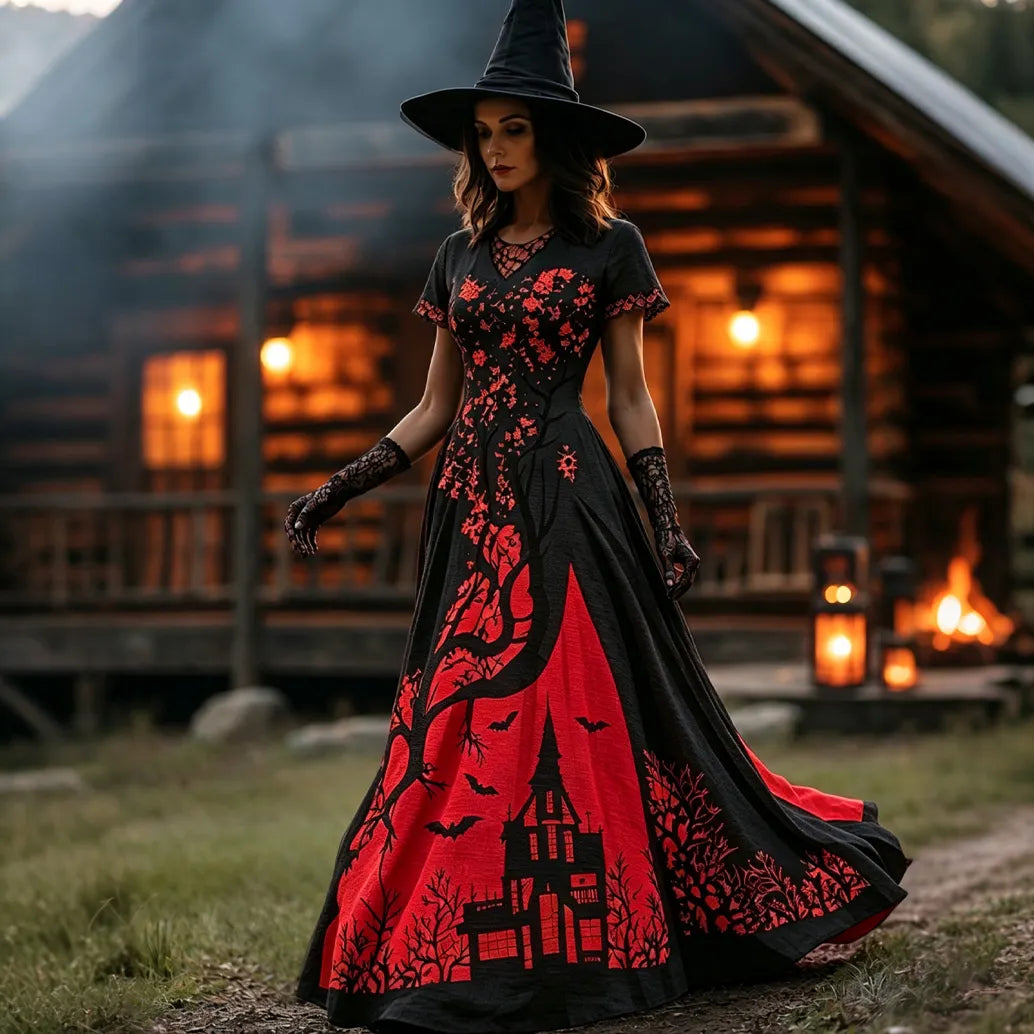 Women's Halloween Gradient Treehouse Design  V-neck Short Sleeves Maxi Dress