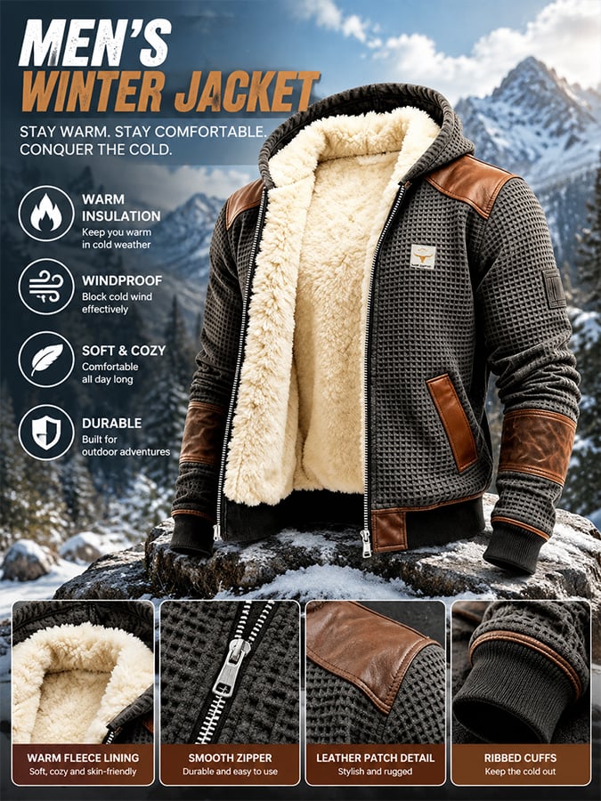 Men's Vintage Thermal Waffle-Lined Multi-Pocket Outdoor Leather Jacket