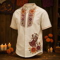 Men's Dancing Skeleton Couple And Marigolds Day of the Dead Print Stand Collar Short Sleeve Shirt