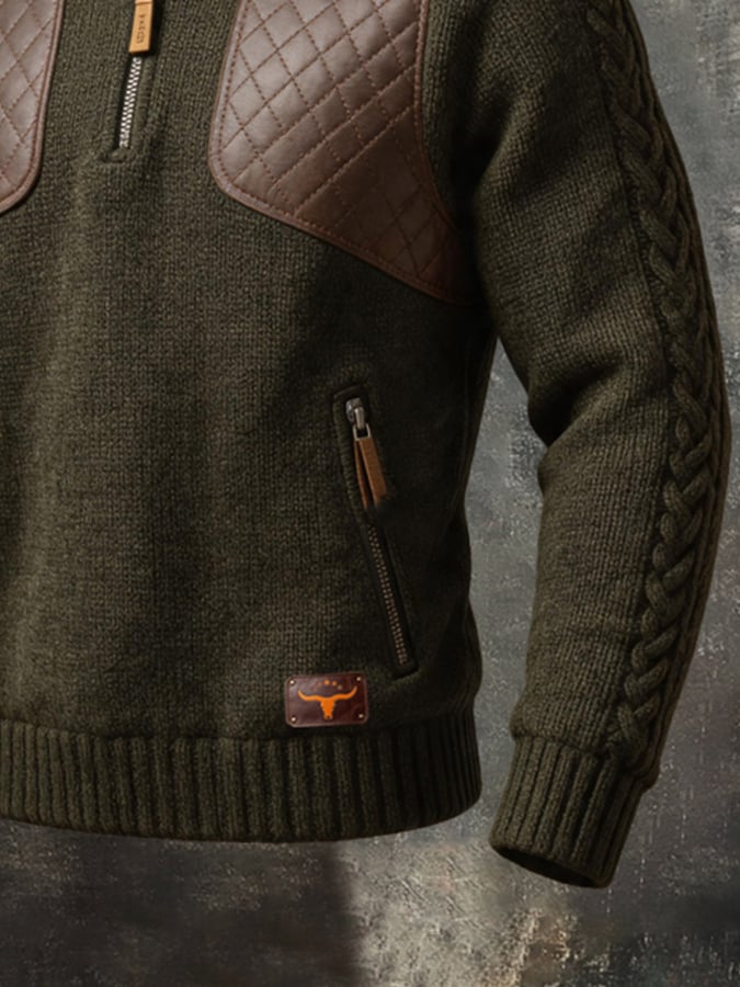 Men's Retro Color-Block Leather Quarter-Zip Mock-Neck Sweater