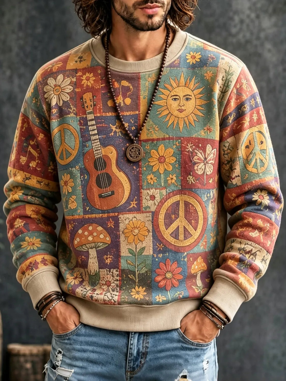 Men's Patchwork Square Color Block Hippie Art Print Crew Neck Sweatshirt