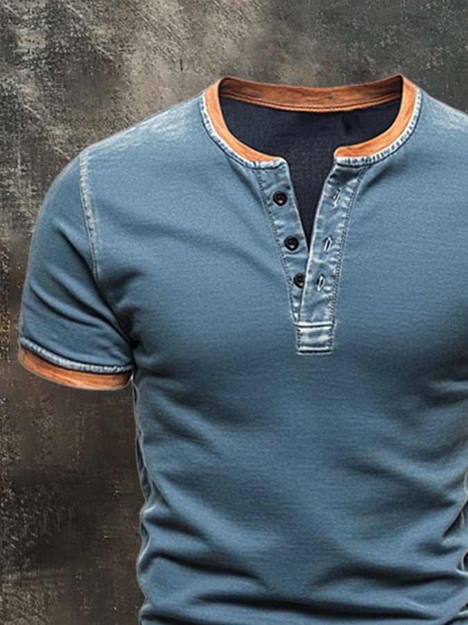 Men's casual retro color block Henley T-shirt