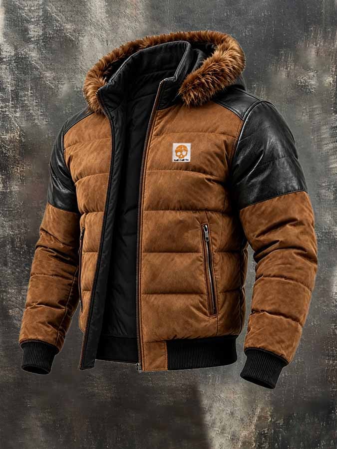 Men's Vintage Color-Block Leather Hooded Down Jacket