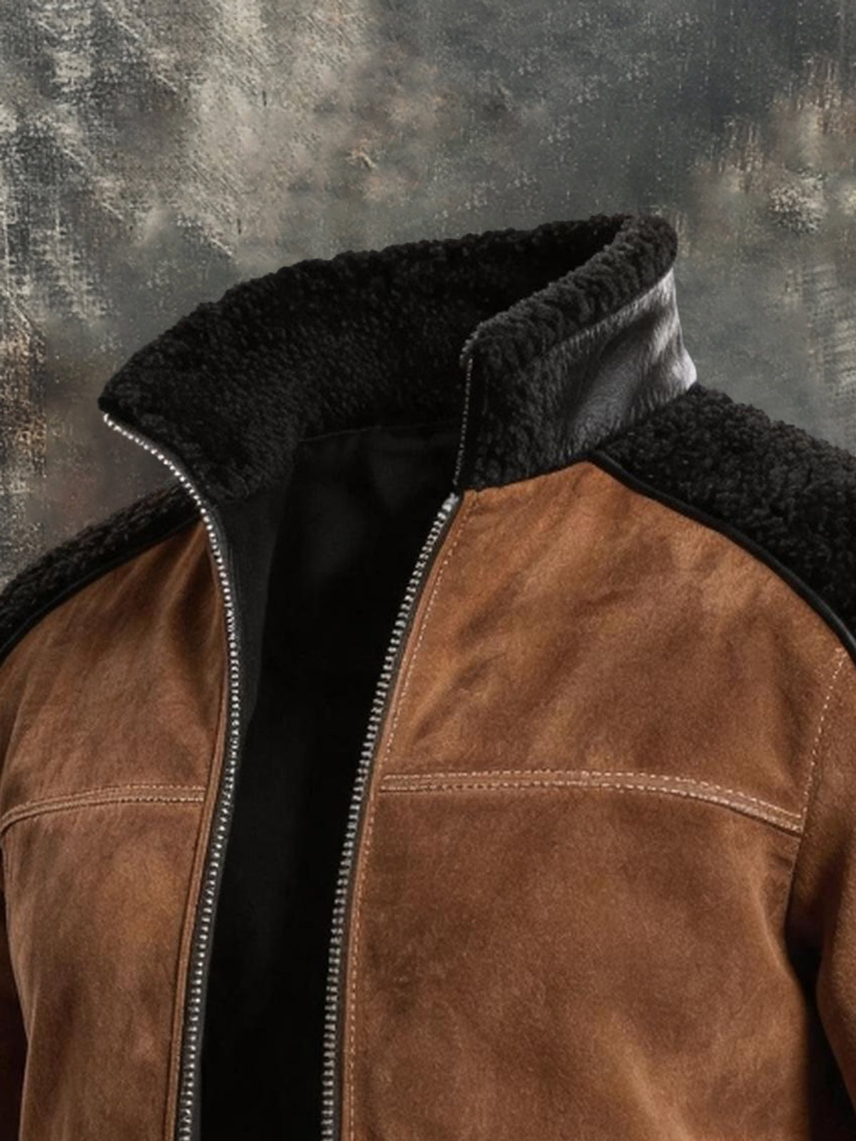 Men's Retro Faux Suede Color-Block Jacket with Warm Fur Collar