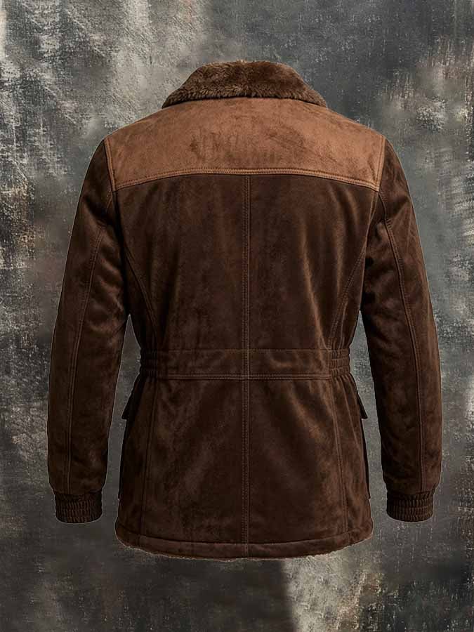 Men'S Retro Color-Block Suede-Panel Jacket With Fleece Lining