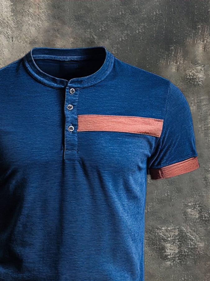 Men's casual retro wash colorblock short sleeve Henley T-shirt