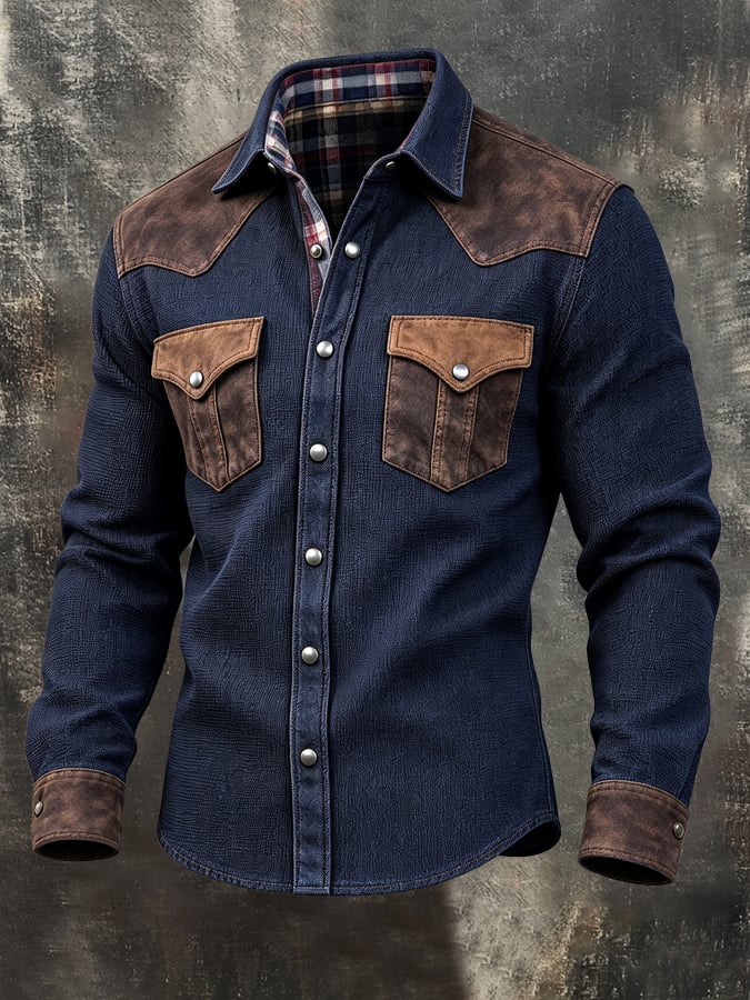 Men's Vintage Western-Style Paneled Faux Suede Long-Sleeve Shirt