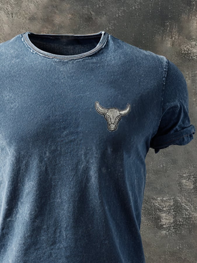 Men's vintage-style washed cotton T-shirt with round neck and short sleeves
