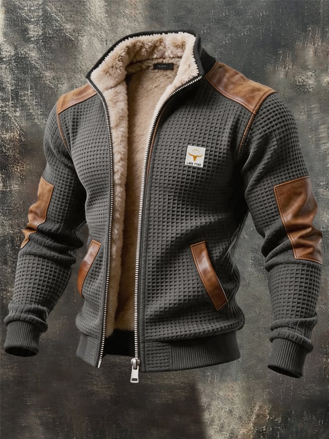 Men's Vintage Thermal Waffle-Lined Multi-Pocket Outdoor Leather Jacket
