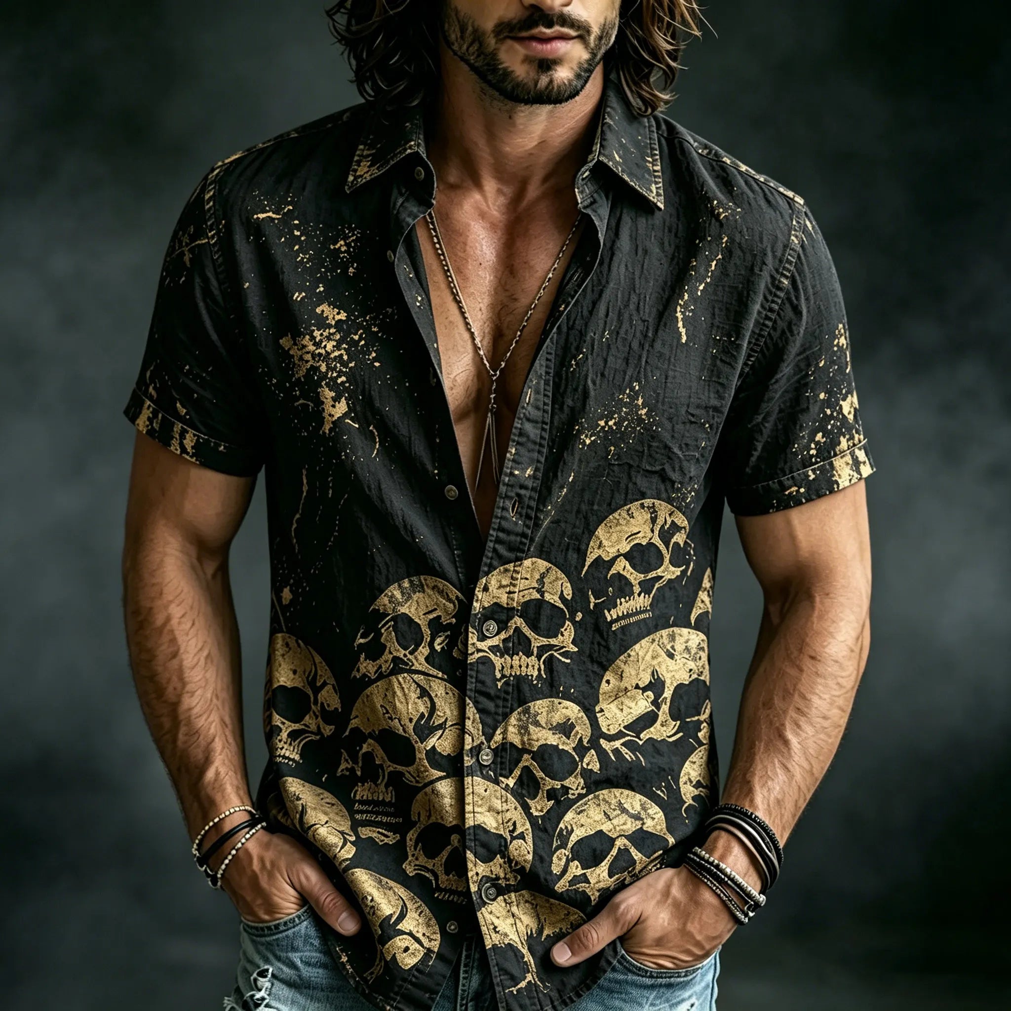 Men's Retro Skull Print Short-sleeve Shirt