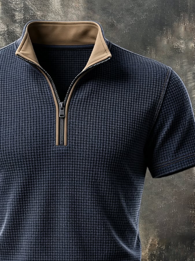 Men's Retro Waffle-Knit & Faux Suede Panel Zip-Collar T-Shirt
