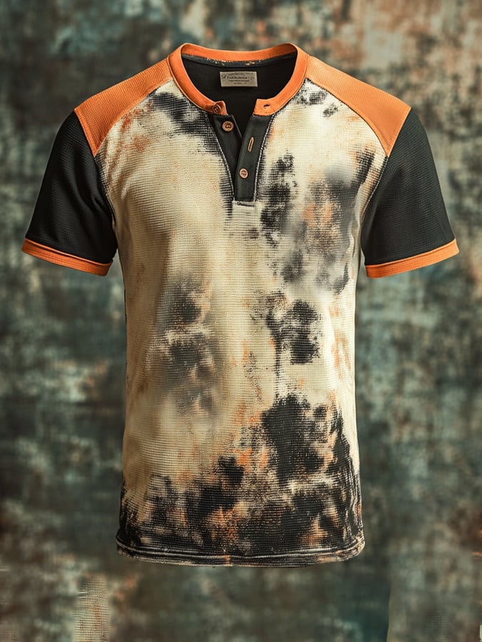 Men's vintage-look color-block print short-sleeved Henley T-shirt