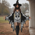 Women's Gothic Skeleton With White Roses Batwing Flare Sleeve Lace‐up Bodycon Dress – Halloween Costume