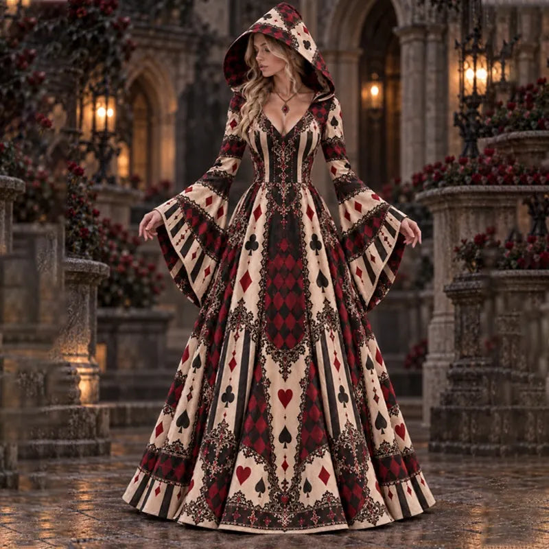 Women's Halloween Joker Lace Stripe Color-block Print Hooded Long-sleeve Maxi Dress