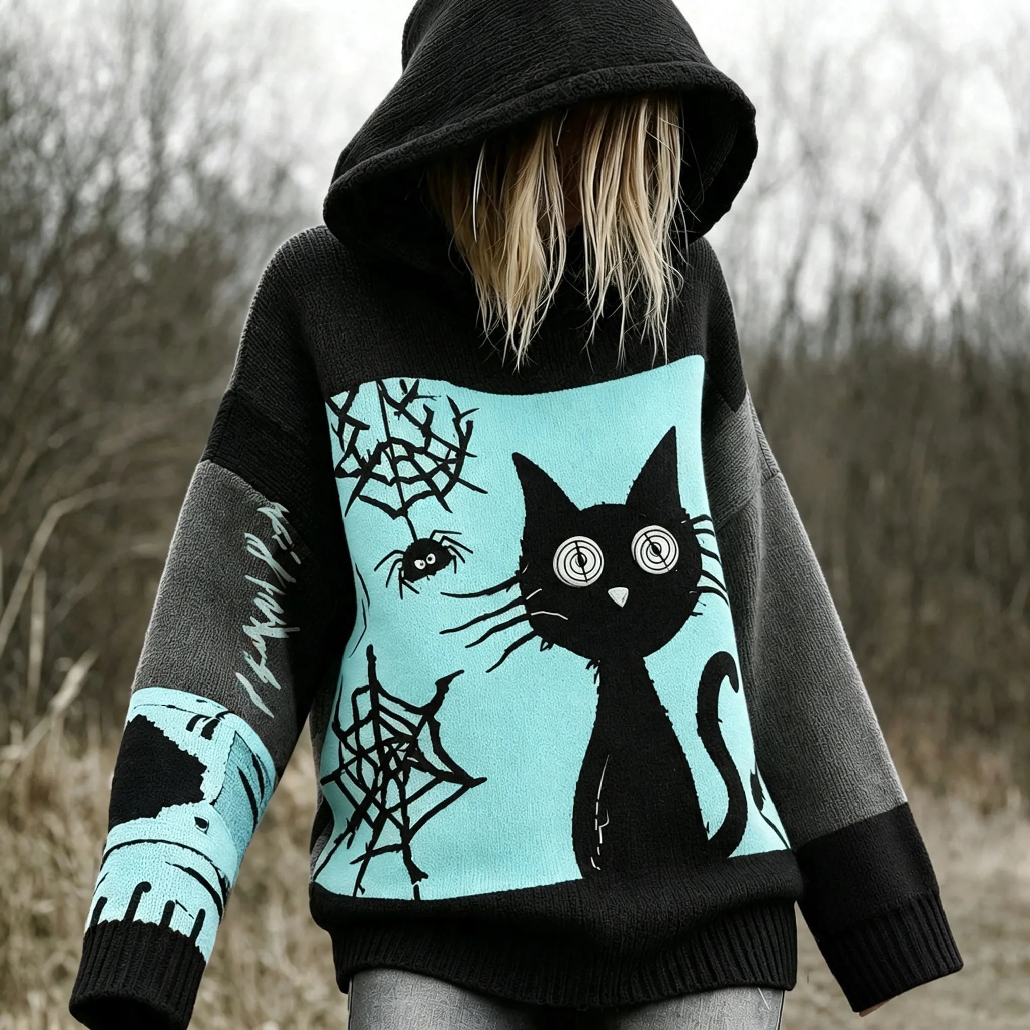Halloween Scared Black Cat Patchwork Stitched Cozy Knit Hooded