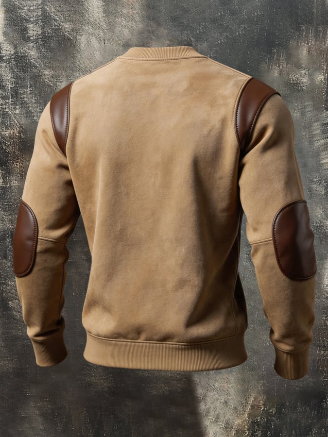 Men'S Retro Color-Block Crew-Neck Sweatshirt With Leather Paneling