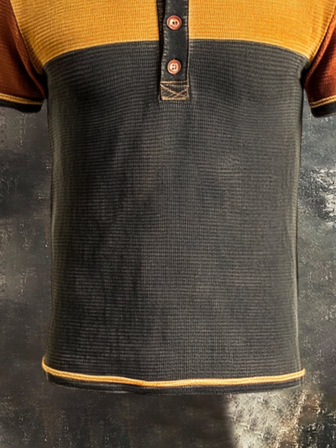 Men's casual waffle henley colorblock t-shirt